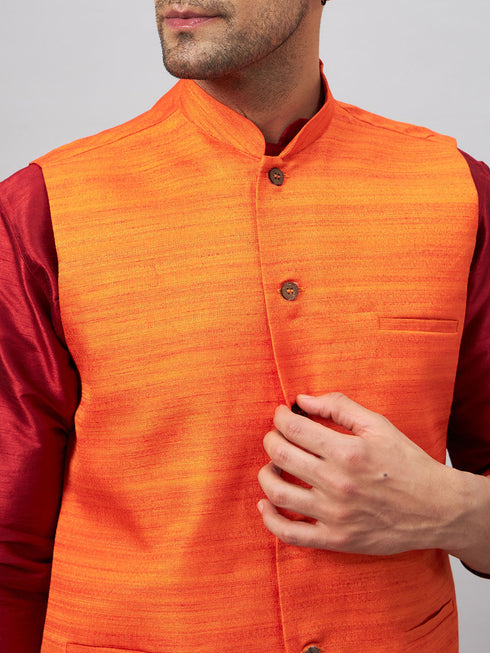 Vastramay Men's Orange Matka Silk Nehru Jacket With Maroon Silk Blend Kurta Pyjama Set